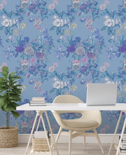 mural de parede floral personalizável azul chamado Sky Blue Flower Garden de Karina Eibatova