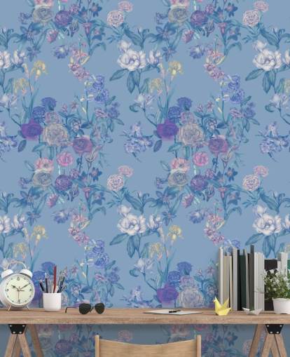 mural de pared floral personalizable azul llamado Sky Blue Flower Garden de Karina Eibatova