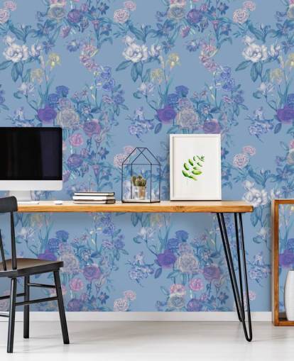 mural de pared floral personalizable azul llamado Sky Blue Flower Garden de Karina Eibatova