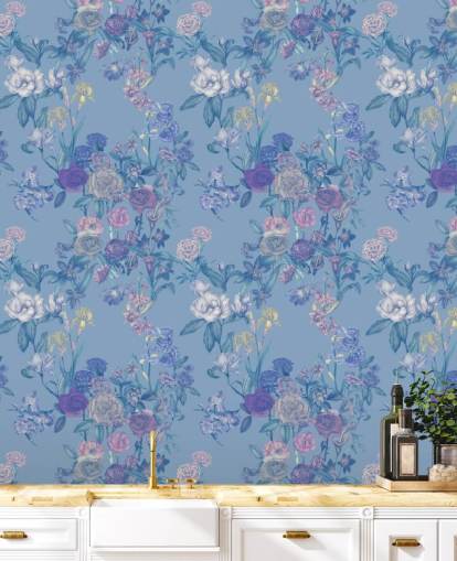fresque murale florale personnalisable bleue appelée Sky Blue Flower Garden par Karina Eibatova