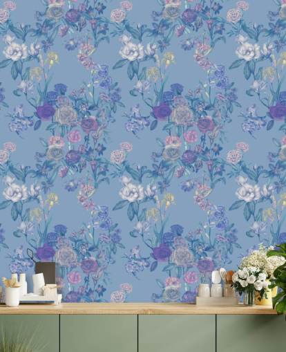 fresque murale florale personnalisable bleue appelée Sky Blue Flower Garden par Karina Eibatova