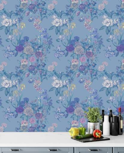 sininen muokattava kukka-seinämaalaus nimeltä Sky Blue Flower Garden, kirjoittanut Karina Eibatova