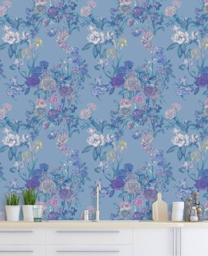 mural de pared floral personalizable azul llamado Sky Blue Flower Garden de Karina Eibatova