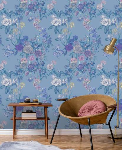 blue customisable floral wall mural called Sky Blue Flower Garden by Karina Eibatova