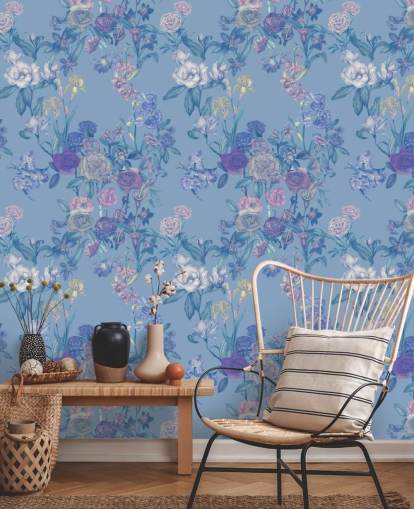 blå tilpasselig blomstervægmaleri kaldet Sky Blue Flower Garden af Karina Eibatova