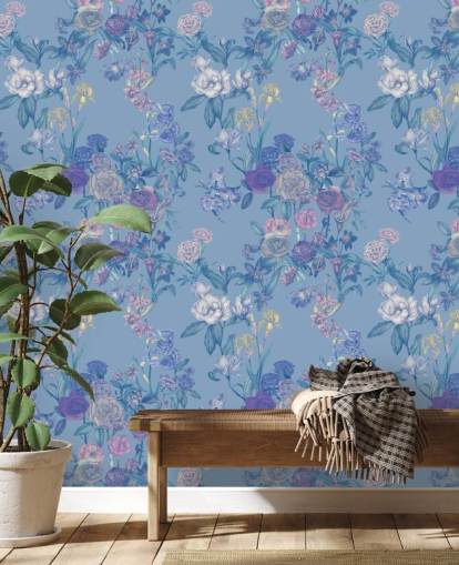 mural de parede floral personalizável azul chamado Sky Blue Flower Garden de Karina Eibatova mural de parede floral personalizável azul chamado Sky Blue Flower Garden de Karina Eibatova