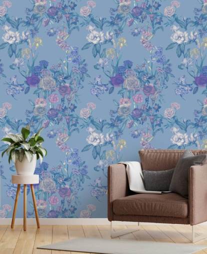 blue customisable floral wall mural called Sky Blue Flower Garden by Karina Eibatova