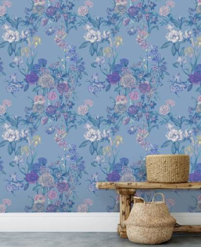 mural de pared floral personalizable azul llamado Sky Blue Flower Garden de Karina Eibatova