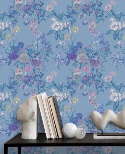 fresque murale florale personnalisable bleue appelée Sky Blue Flower Garden par Karina Eibatova