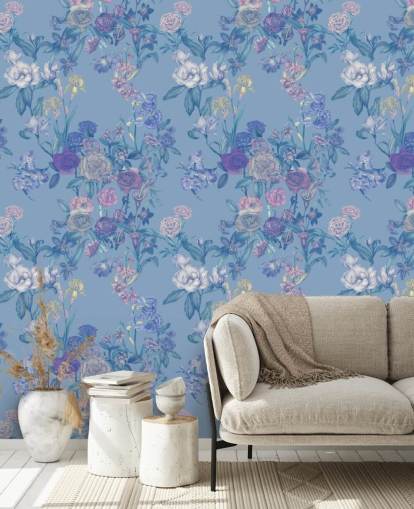 blaues personalisierbares Blumenwandbild namens Sky Blue Flower Garden von Karina Eibatova