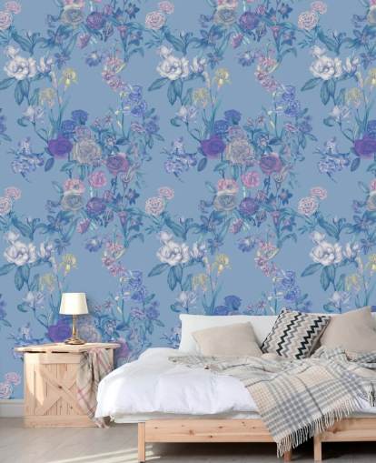 blaues personalisierbares Blumenwandbild namens Sky Blue Flower Garden von Karina Eibatova