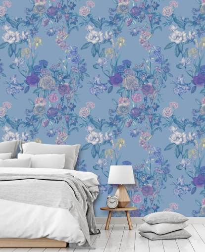 blå anpassningsbar blommig väggmålning kallad Sky Blue Flower Garden av Karina Eibatova blå anpassningsbar blommig väggmålning kallad Sky Blue Flower Garden av Karina Eibatova