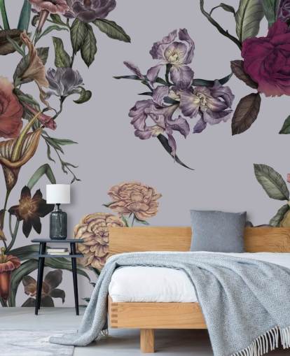 graues personalisierbares großes florales Wandbild namens Large Garden Blooms Grey von Karina Eibatova