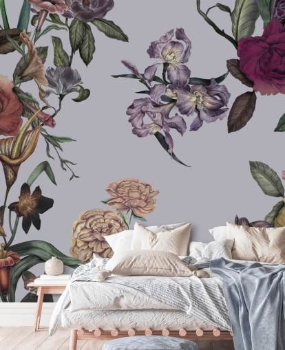 grijze aanpasbare grote bloemenmuurschildering genaamd Large Garden Blooms Grey van Karina Eibatova grijze aanpasbare grote bloemenmuurschildering genaamd Large Garden Blooms Grey van Karina Eibatova