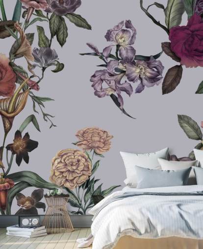 grå tilpasselig stort blomstervægmaleri kaldet Large Garden Blooms Grey af Karina Eibatova grå tilpasselig stort blomstervægmaleri kaldet Large Garden Blooms Grey af Karina Eibatova