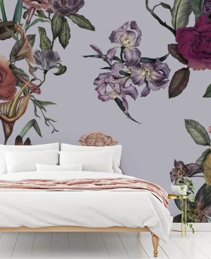 grå anpassningsbar stor blommig väggmålning kallad Large Garden Blooms Grey av Karina Eibatova