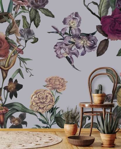 grått tilpassbart stort blomsterveggmaleri kalt Large Garden Blooms Grey av Karina Eibatova grått tilpassbart stort blomsterveggmaleri kalt Large Garden Blooms Grey av Karina Eibatova