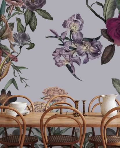 mural de pared floral grande personalizable gris llamado Large Garden Blooms Grey de Karina Eibatova