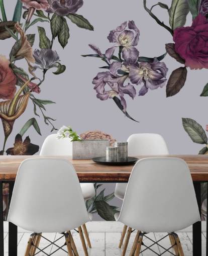 grijze aanpasbare grote bloemenmuurschildering genaamd Large Garden Blooms Grey van Karina Eibatova