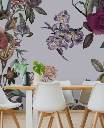 grått tilpassbart stort blomsterveggmaleri kalt Large Garden Blooms Grey av Karina Eibatova