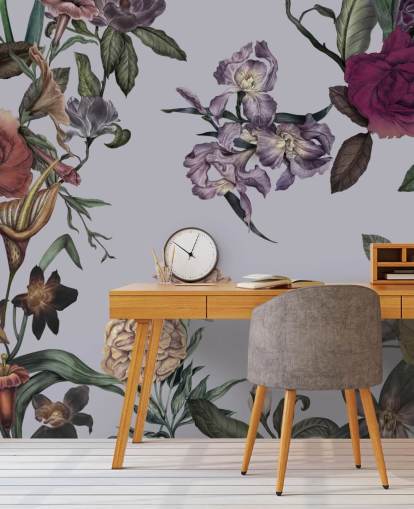mural de pared floral grande personalizable gris llamado Large Garden Blooms Grey de Karina Eibatova