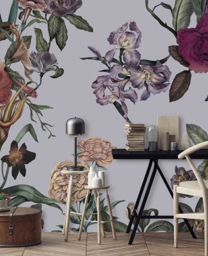 graues personalisierbares großes florales Wandbild namens Large Garden Blooms Grey von Karina Eibatova