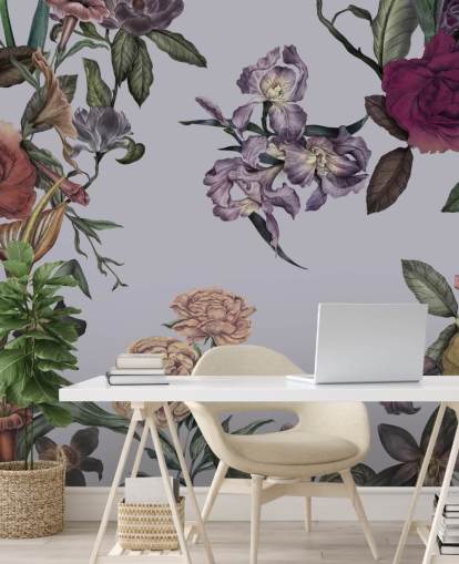 grande murale floreale grigio personalizzabile chiamato Large Garden Blooms Grey di Karina Eibatova