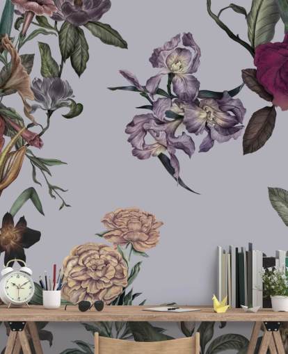 grande mural de parede floral personalizável cinza chamado Large Garden Blooms Grey de Karina Eibatova grande mural de parede floral personalizável cinza chamado Large Garden Blooms Grey de Karina Eibatova