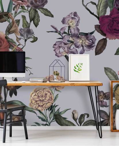 grande fresque murale florale personnalisable grise appelée Large Garden Blooms Grey par Karina Eibatova