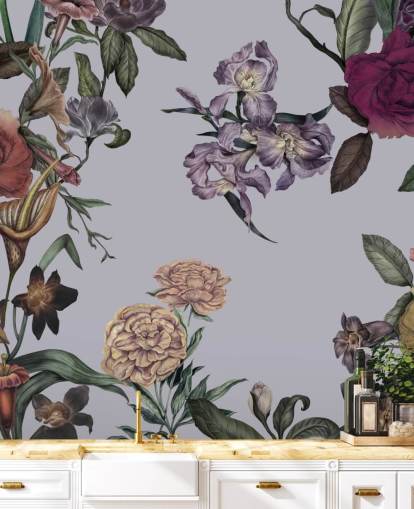 grande fresque murale florale personnalisable grise appelée Large Garden Blooms Grey par Karina Eibatova