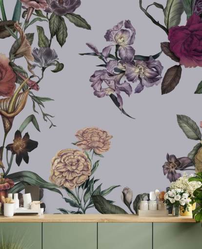 grijze aanpasbare grote bloemenmuurschildering genaamd Large Garden Blooms Grey van Karina Eibatova