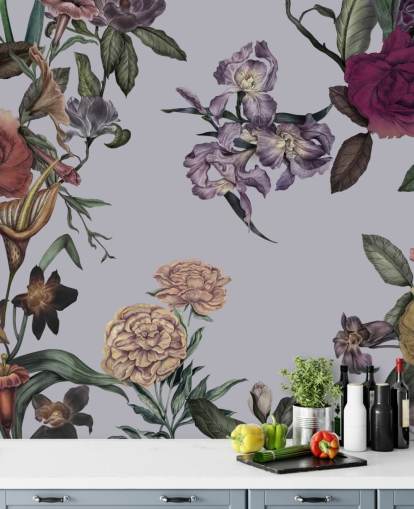 grey customisable large floral wall mural called Large Garden Blooms Grey by Karina Eibatova