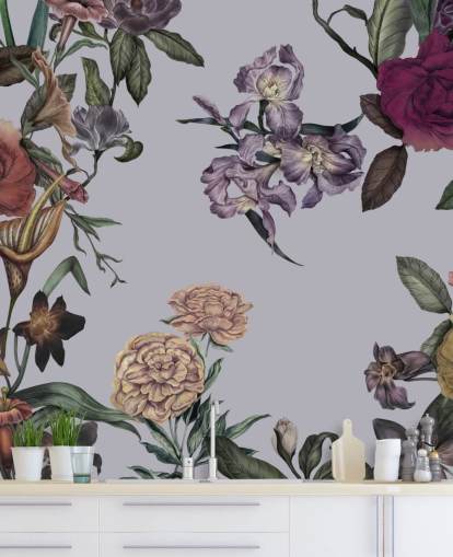 grey customisable large floral wall mural called Large Garden Blooms Grey by Karina Eibatova