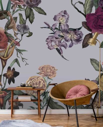 grande fresque murale florale personnalisable grise appelée Large Garden Blooms Grey par Karina Eibatova