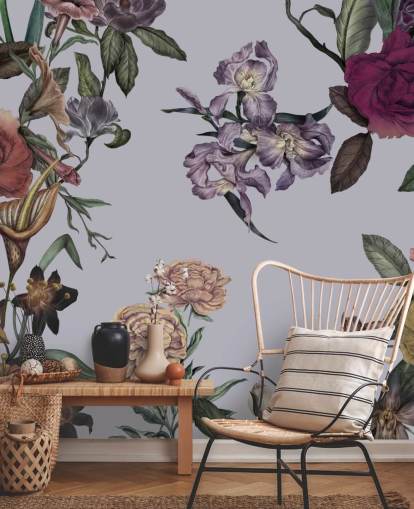 grått tilpassbart stort blomsterveggmaleri kalt Large Garden Blooms Grey av Karina Eibatova