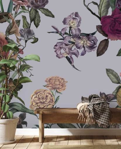mural de pared floral grande personalizable gris llamado Large Garden Blooms Grey de Karina Eibatova