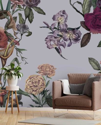 grande murale floreale grigio personalizzabile chiamato Large Garden Blooms Grey di Karina Eibatova