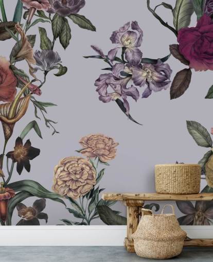 graues personalisierbares großes florales Wandbild namens Large Garden Blooms Grey von Karina Eibatova