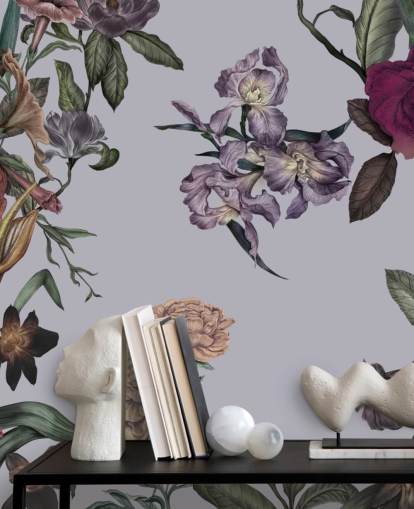 grande fresque murale florale personnalisable grise appelée Large Garden Blooms Grey par Karina Eibatova