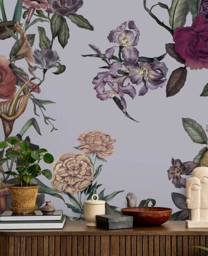 gray customizable large floral wall mural called Large Garden Blooms Gray by Karina Eibatova