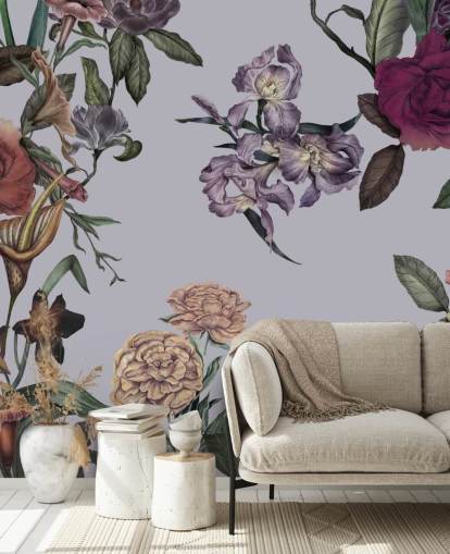 grijze aanpasbare grote bloemenmuurschildering genaamd Large Garden Blooms Grey van Karina Eibatova