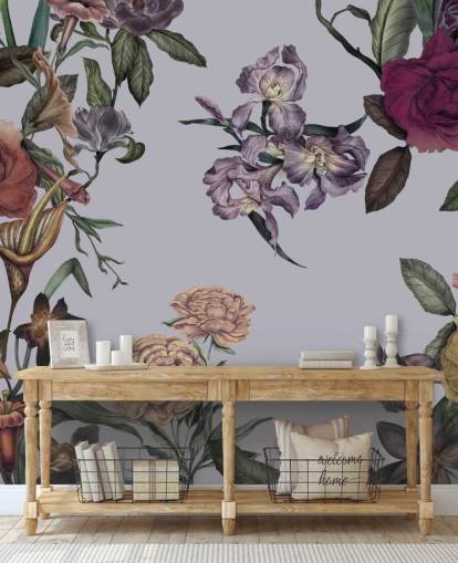 grå anpassningsbar stor blommig väggmålning kallad Large Garden Blooms Grey av Karina Eibatova