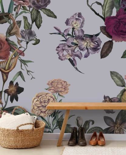 grijze aanpasbare grote bloemenmuurschildering genaamd Large Garden Blooms Grey van Karina Eibatova