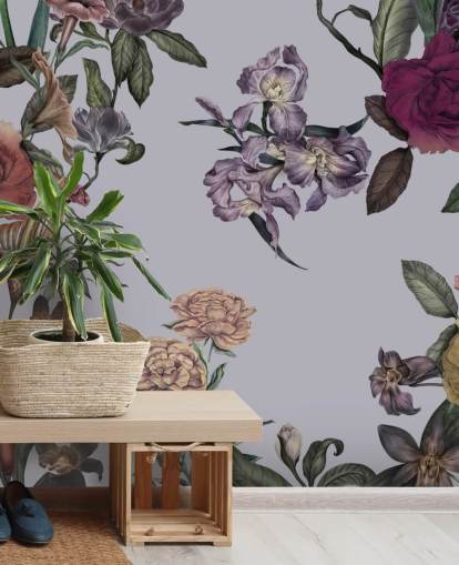 mural de pared floral grande personalizable gris llamado Large Garden Blooms Grey de Karina Eibatova