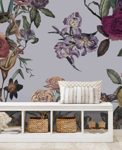 grå tilpasselig stort blomstervægmaleri kaldet Large Garden Blooms Grey af Karina Eibatova