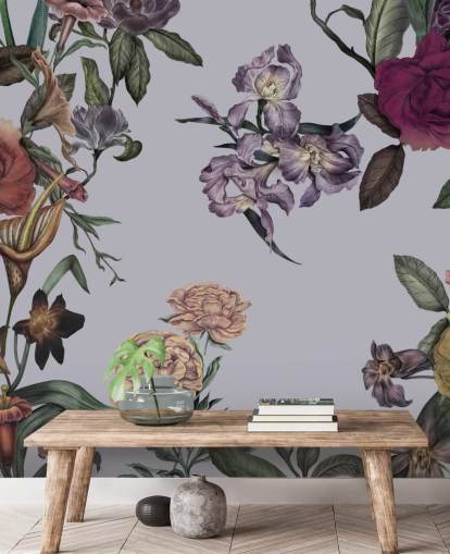 gray customizable large floral wall mural called Large Garden Blooms Gray by Karina Eibatova