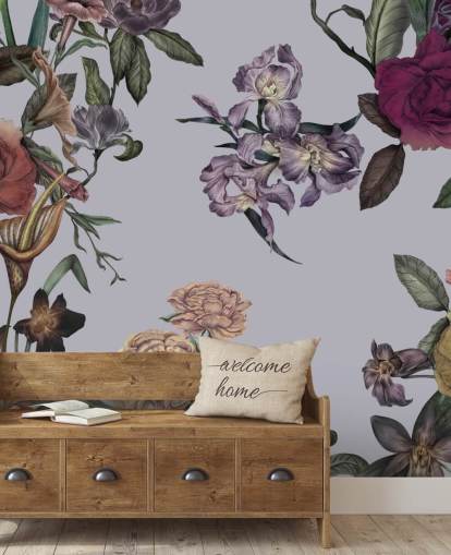grått tilpassbart stort blomsterveggmaleri kalt Large Garden Blooms Grey av Karina Eibatova