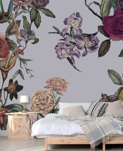 grande fresque murale florale personnalisable grise appelée Large Garden Blooms Grey par Karina Eibatova grande fresque murale florale personnalisable grise appelée Large Garden Blooms Grey par Karina Eibatova