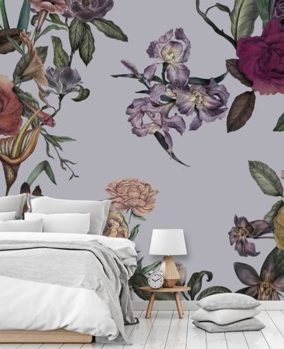 mural de pared floral grande personalizable gris llamado Large Garden Blooms Grey de Karina Eibatova