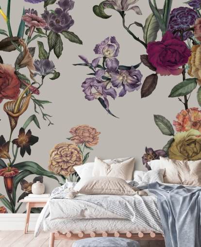mural de pared floral personalizable de color beige llamado Large Garden Blooms Light Beige de Karina Eibatova